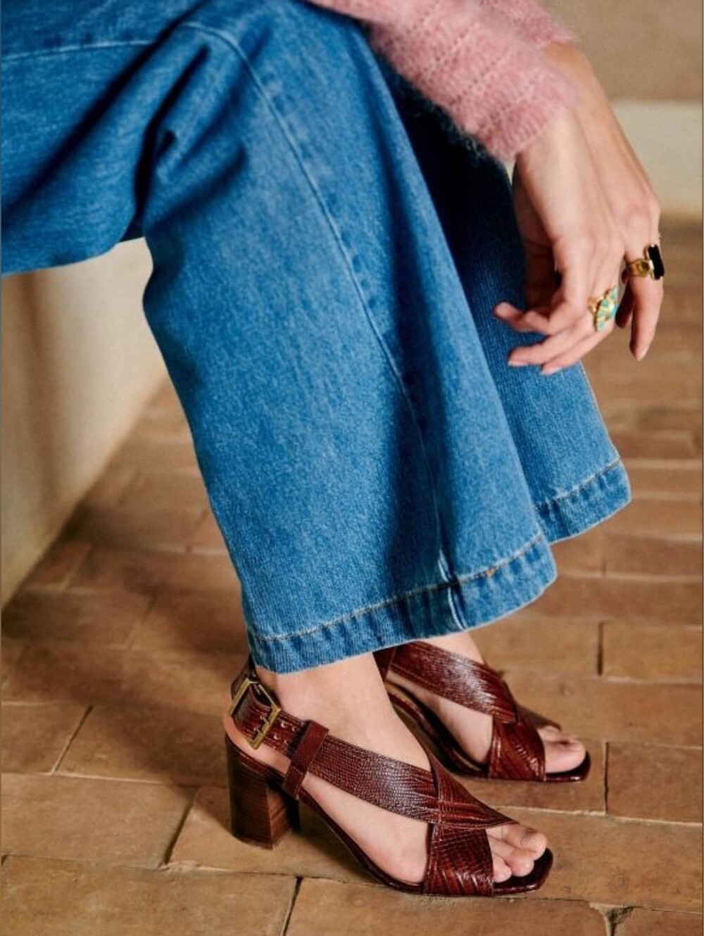 Sézane | Sacha Burgundy Croc-Embossed Leather Block Heel Sandals